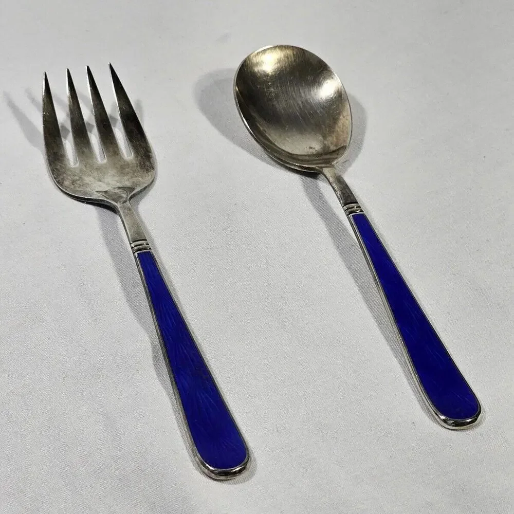 D&C Japan E.P. Flatware Serving Set Spoon Fork Cobalt Blue W/ Scalloped Design - Picture 3 of 8